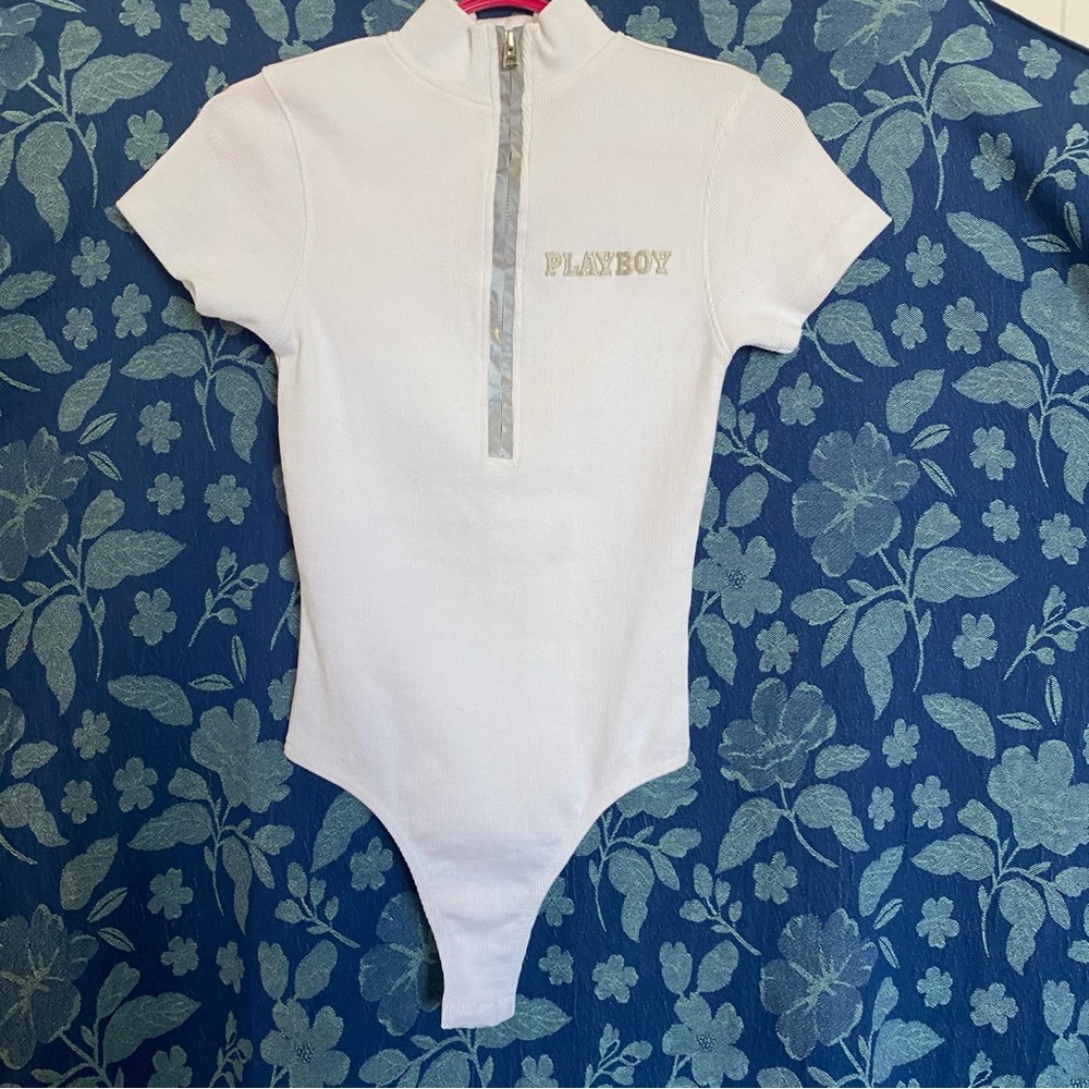 Missguided ~ Playboy White One Piece with Silver Accents